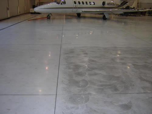 Polished concrete floor in a large hangar